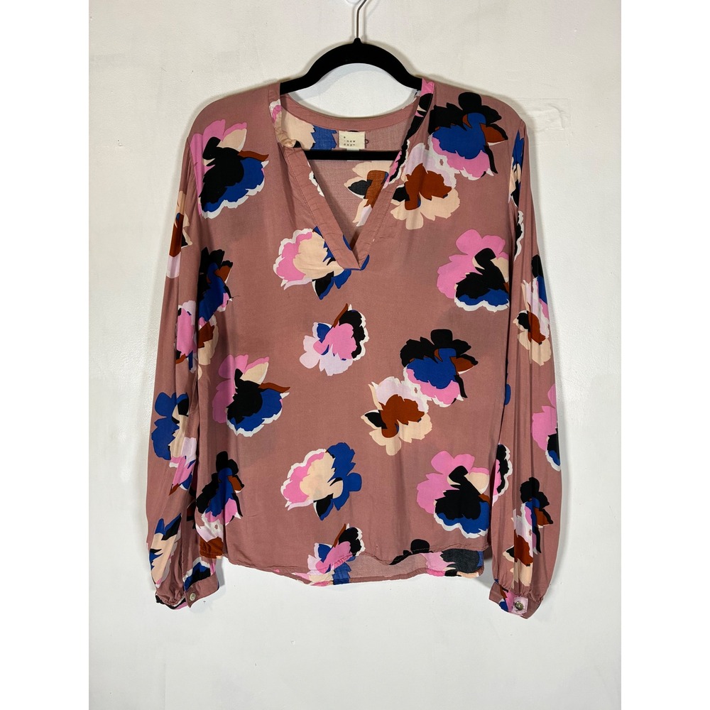 A New Day Medium Pink Floral V Neck Long Sleeve Rayon Blouse Lightweight